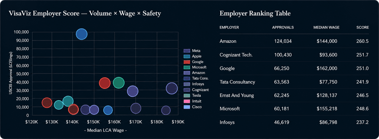 VisaViz Intelligence employer dashboard showing bubble score chart, filing volume, USCIS approval leaders and employer ranking table