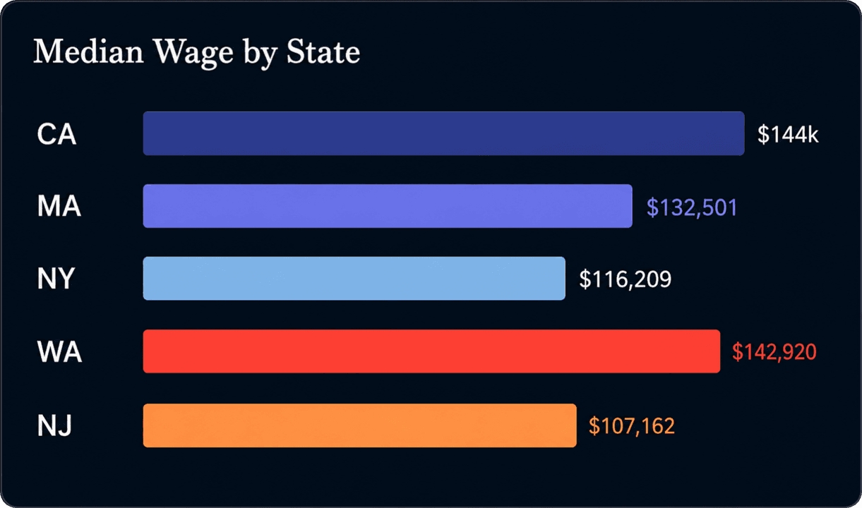 VisaViz salary intelligence dashboard with wage trend, state wage comparisons and highest paying employers
